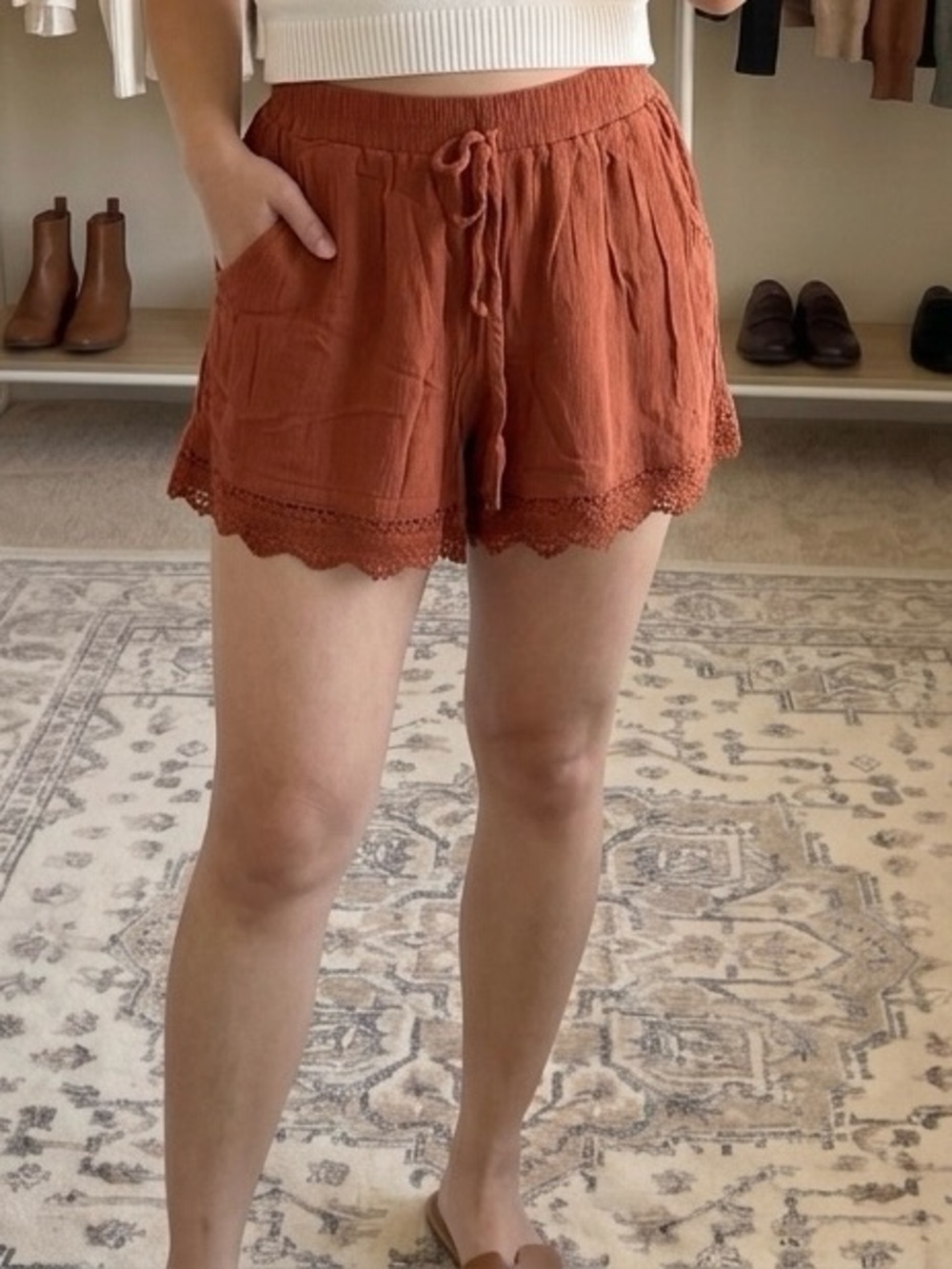 boho lace trim terracotta rust orange lightweight beach casual shorts | size XS